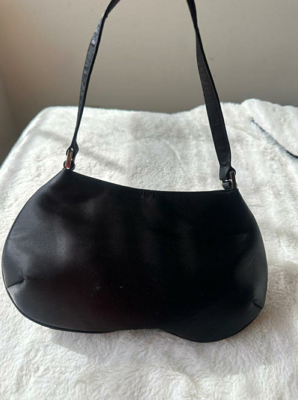 Black Nylon Crescent Shaped Small Pretty Evening Bag With 2 Straps Handle